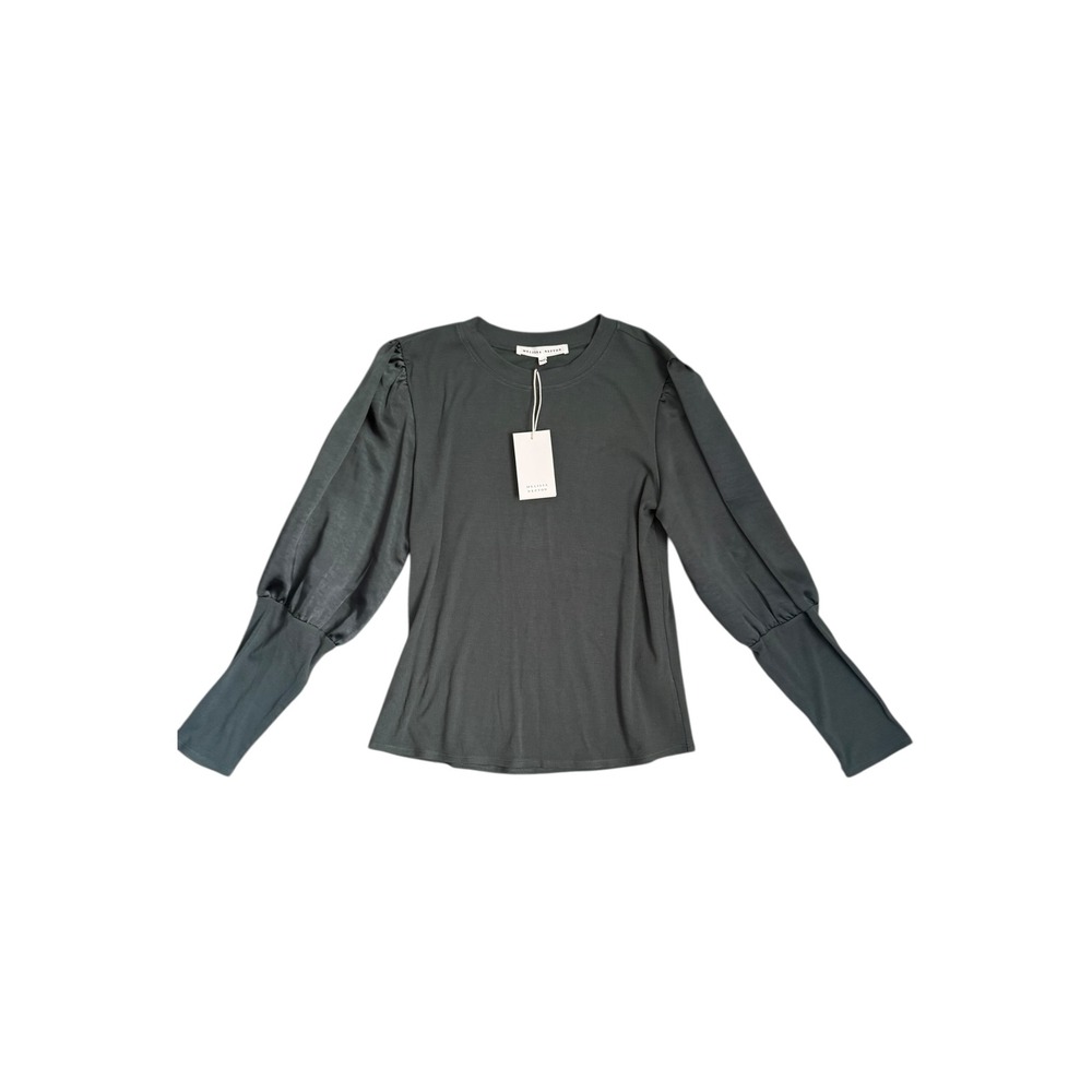 Melissa Nepton Satin Sleeve Ribbed Long Sleeve Crew Neck Top Green Womens XS NEW